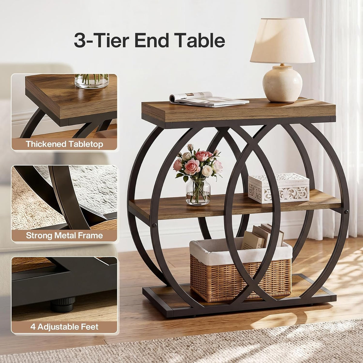 60cm Narrow Side Table, 3-Tier Industrial Metal Frame Storage Shelf