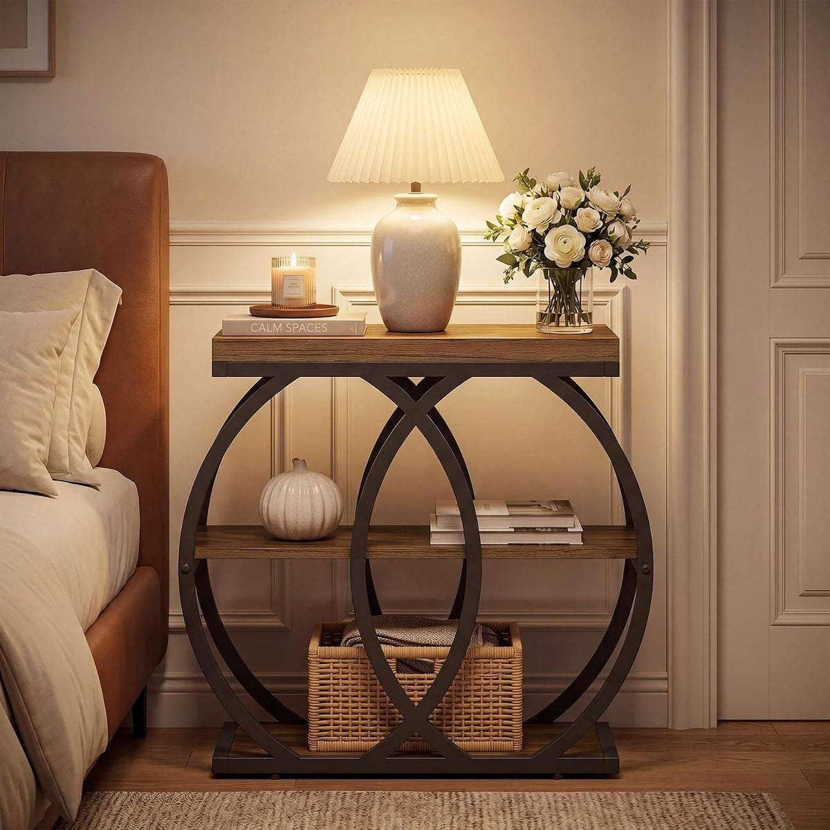 60cm Narrow Side Table, 3-Tier Industrial Metal Frame Storage Shelf