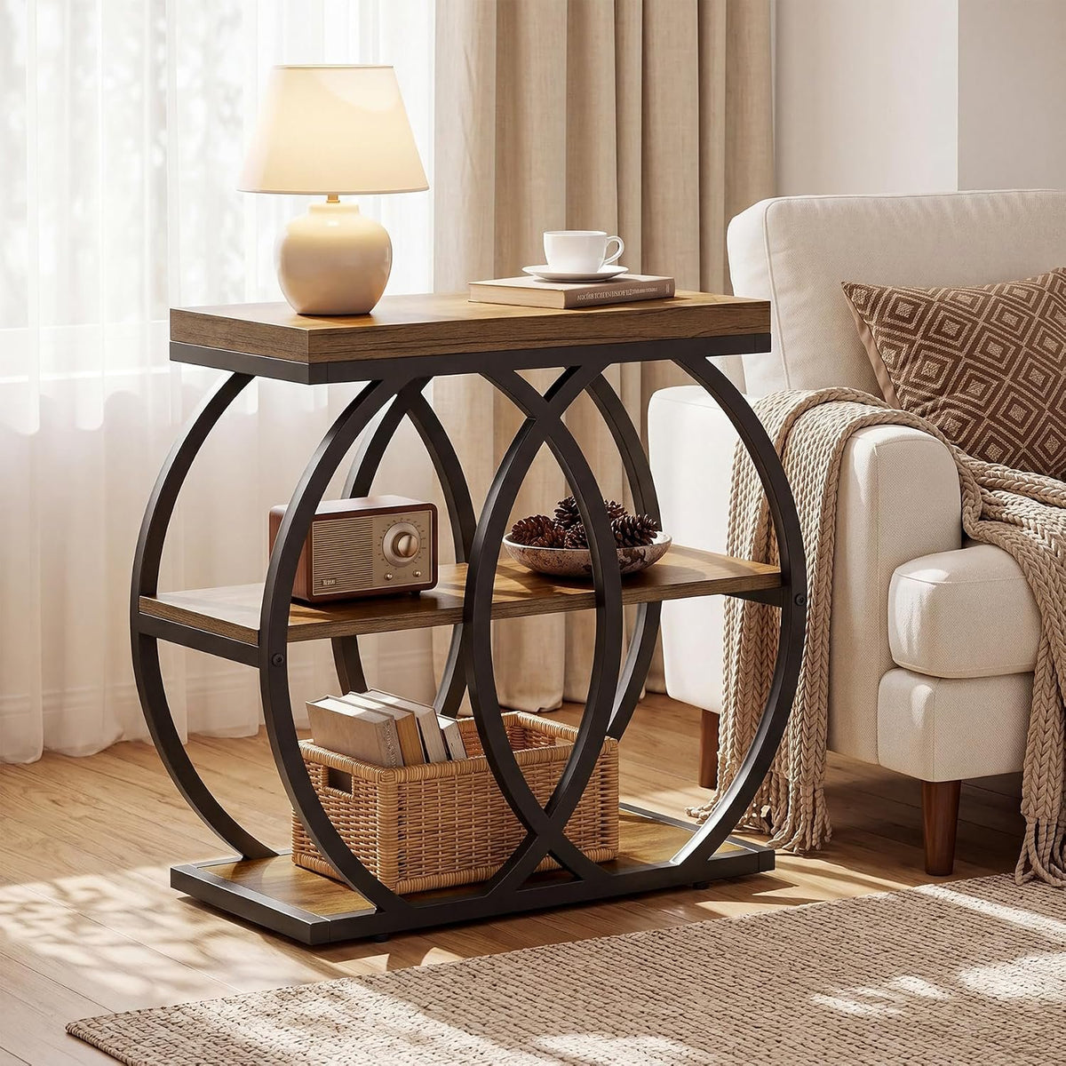 60cm Narrow Side Table, 3-Tier Industrial Metal Frame Storage Shelf