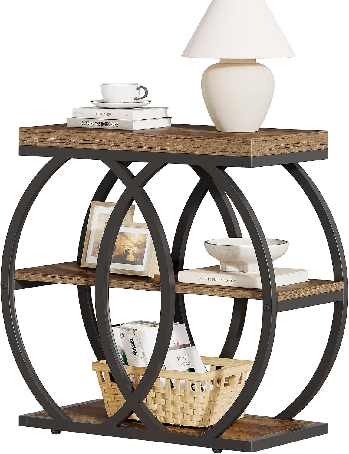 60cm Narrow Side Table, 3-Tier Industrial Metal Frame Storage Shelf