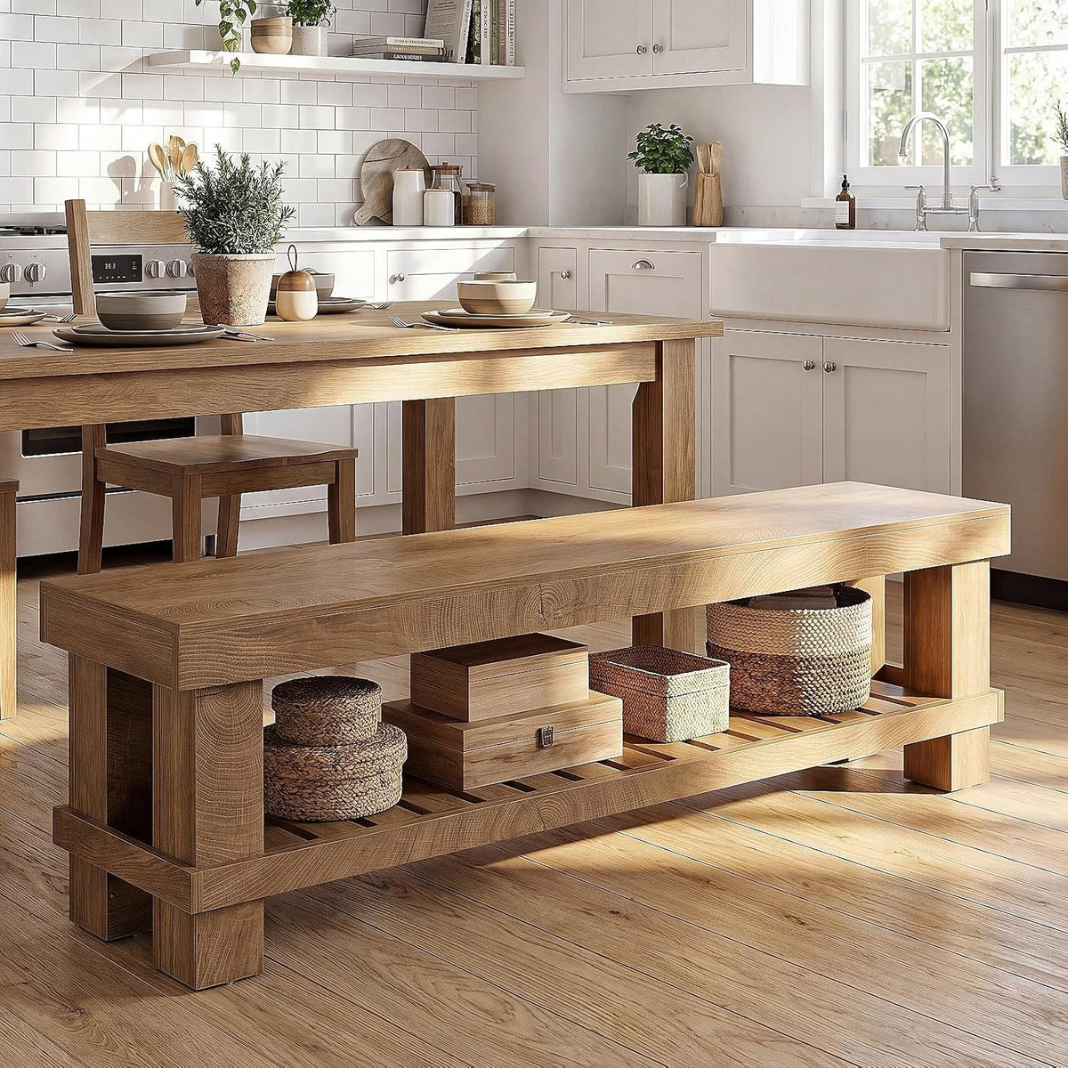 160cm Entryway Bench, Rustic Wooden Shoe Storage Bench for Hallway