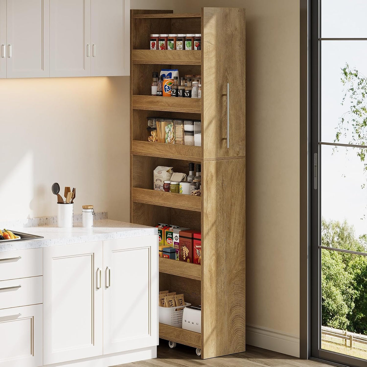 185cm Slim Storage Trolley, 6-Tier Kitchen Cabinet on Wheels