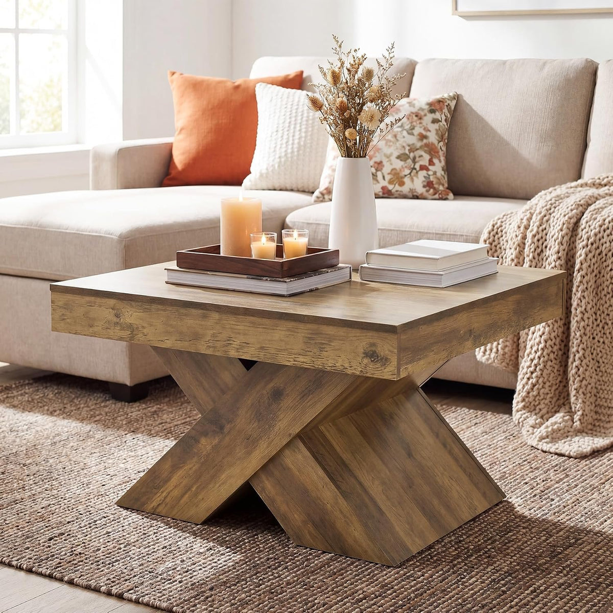 80cm Square Coffee Table, Farmhouse Wooden X-Legs for Living Room