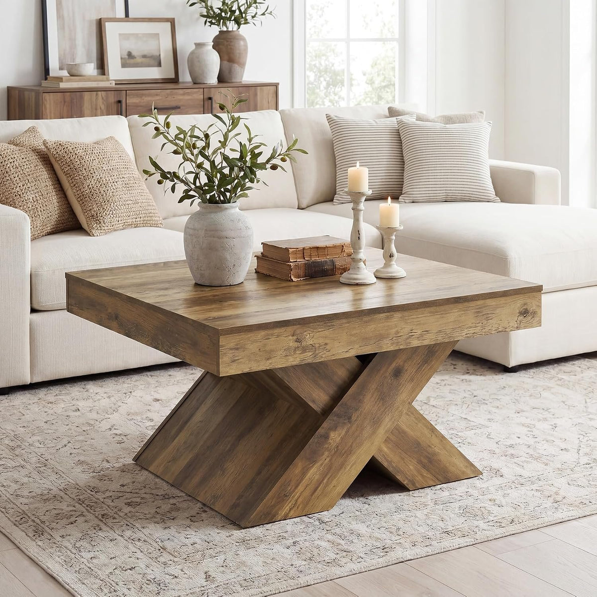 80cm Square Coffee Table, Farmhouse Wooden X-Legs for Living Room