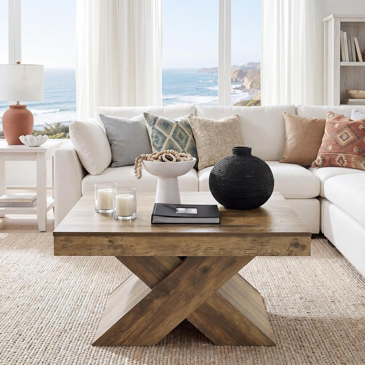 80cm Square Coffee Table, Farmhouse Wooden X-Legs for Living Room