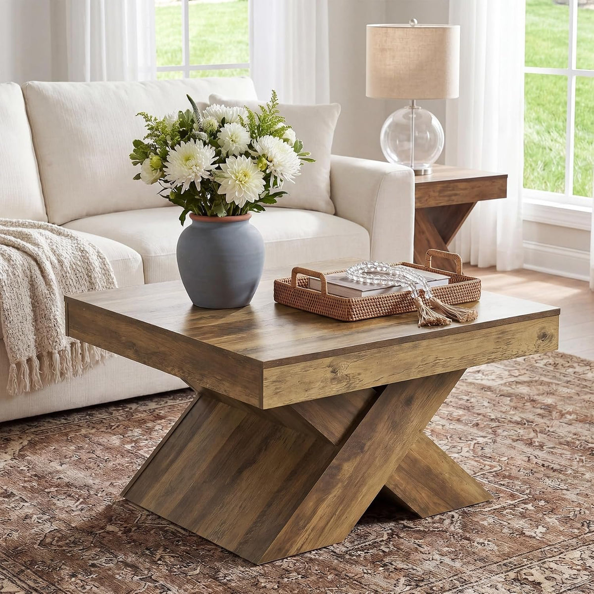 80cm Square Coffee Table, Farmhouse Wooden X-Legs for Living Room