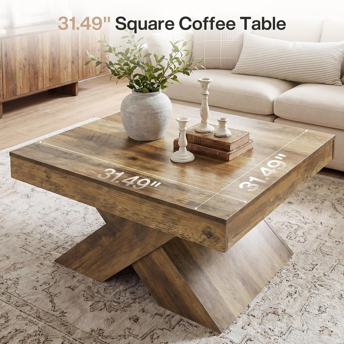 80cm Square Coffee Table, Farmhouse Wooden X-Legs for Living Room