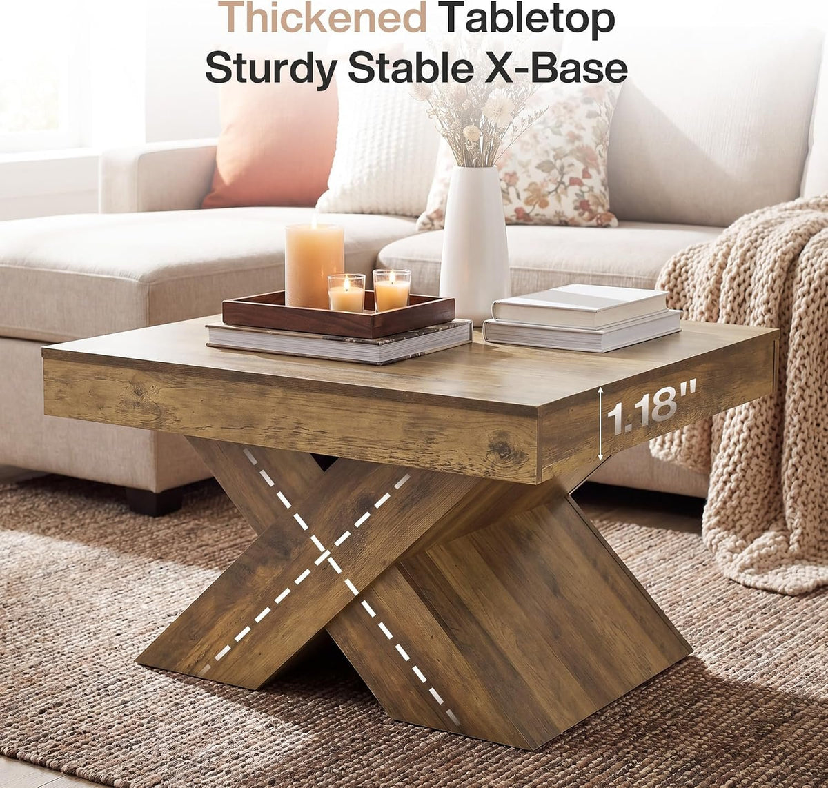 80cm Square Coffee Table, Farmhouse Wooden X-Legs for Living Room