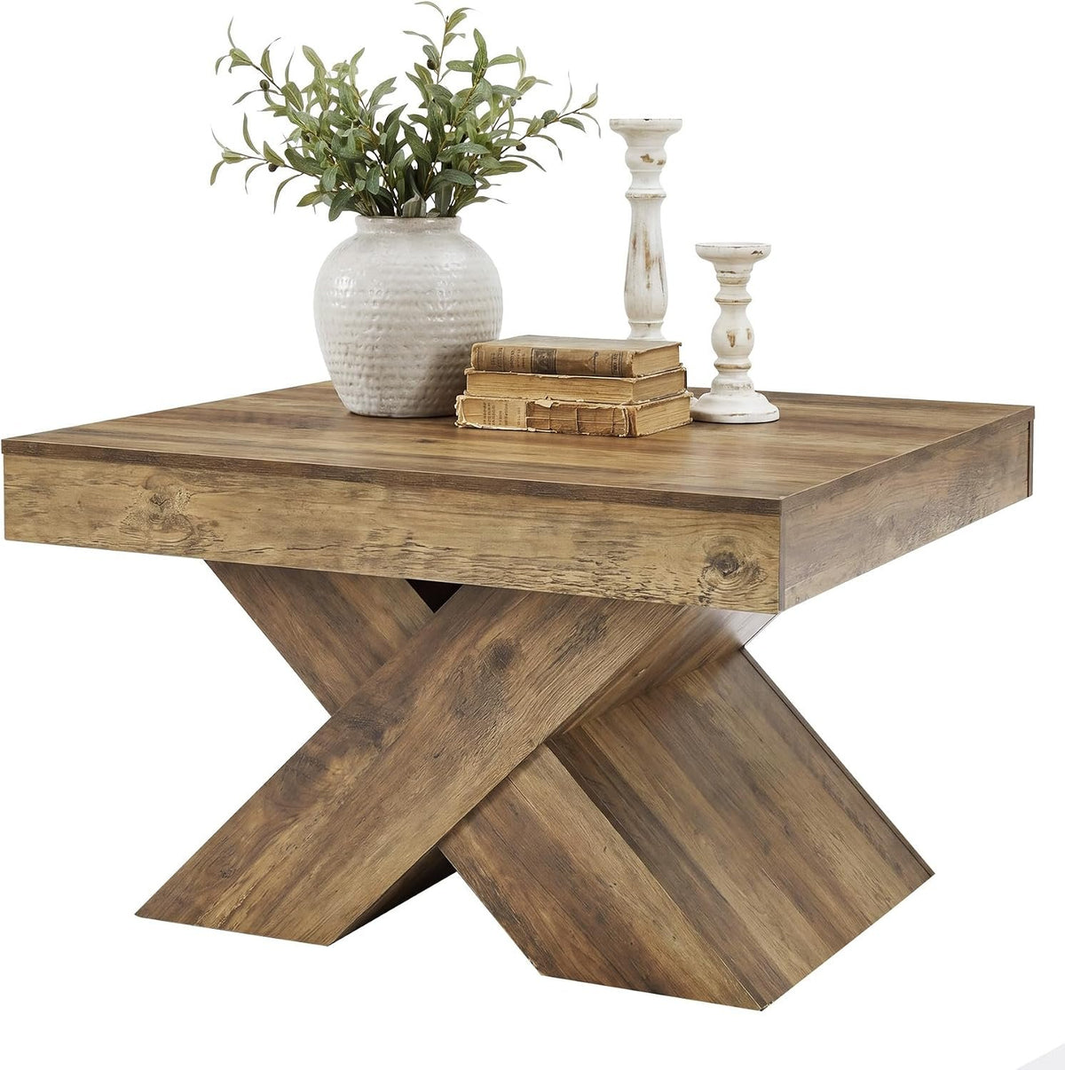 80cm Square Coffee Table, Farmhouse Wooden X-Legs for Living Room
