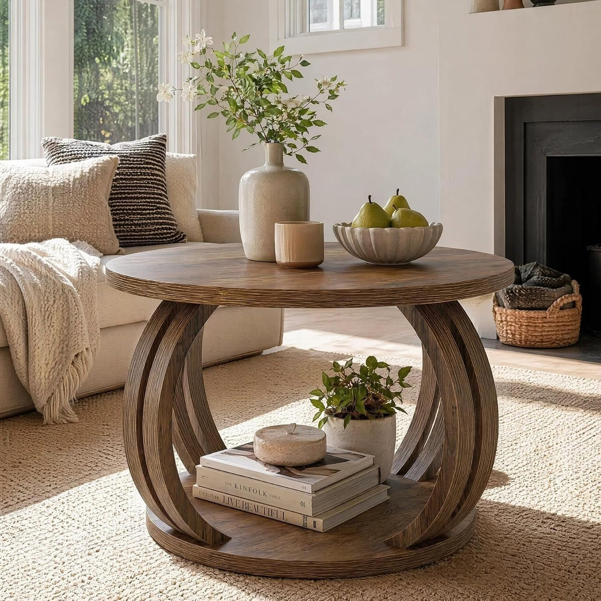 80cm Round Coffee Table, Rustic Wooden Storage Shelf for Living Room