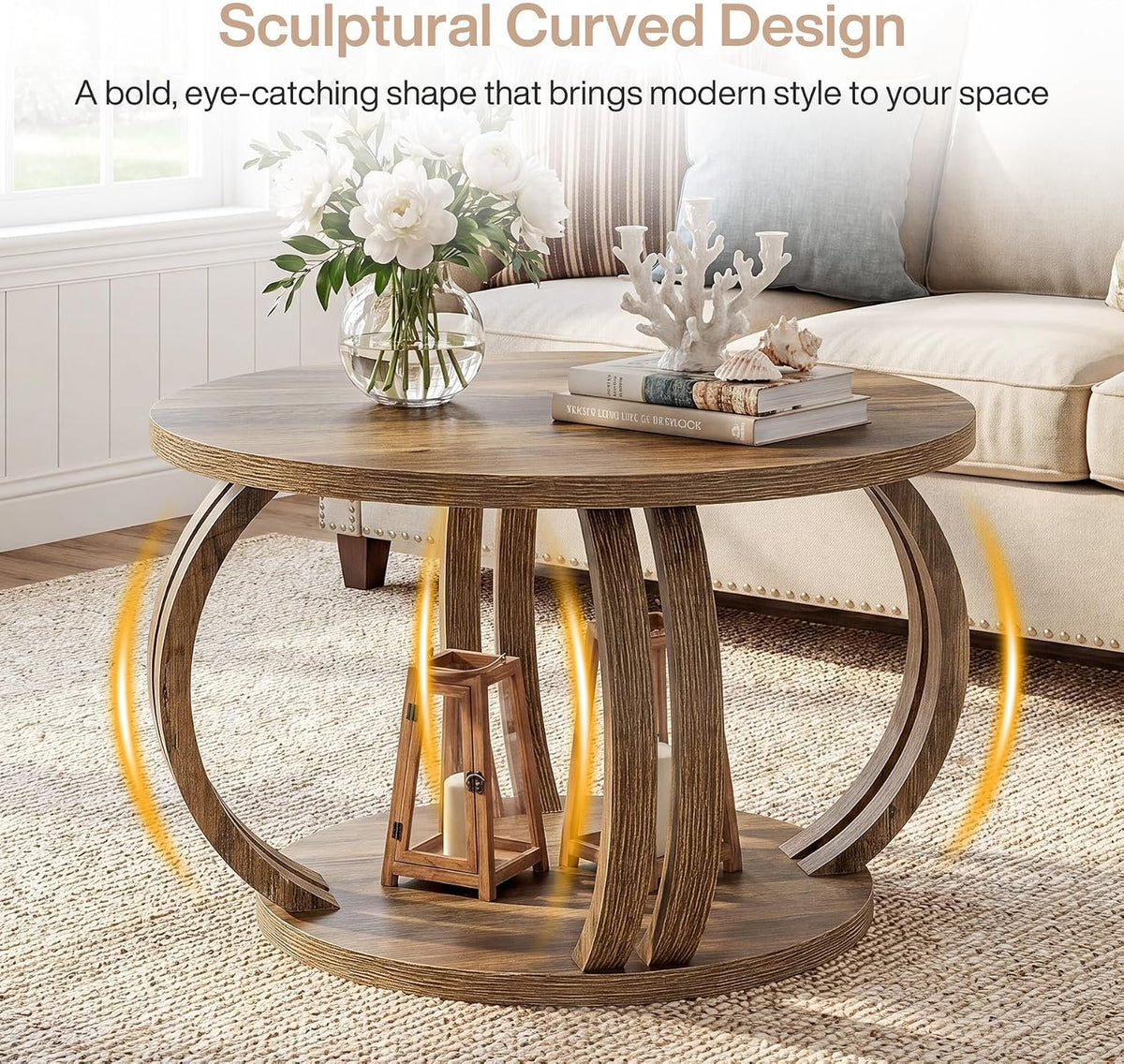 80cm Round Coffee Table, Rustic Wooden Storage Shelf for Living Room