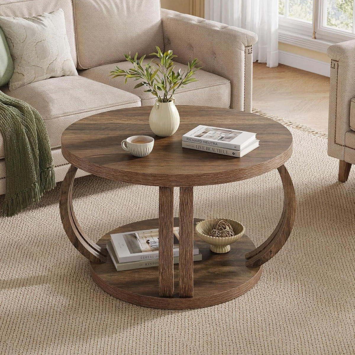 80cm Round Coffee Table, Rustic Wooden Storage Shelf for Living Room