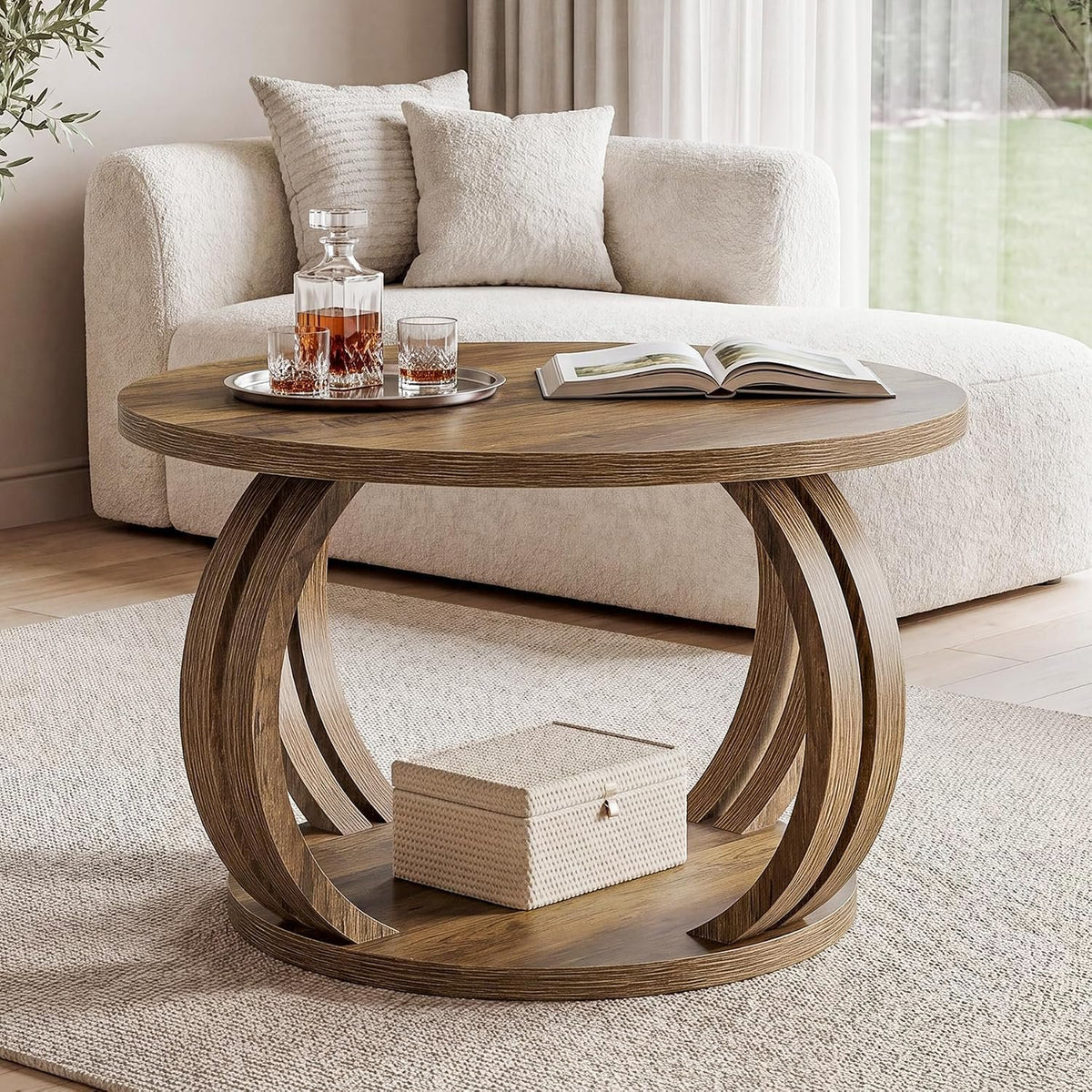 80cm Round Coffee Table, Rustic Wooden Storage Shelf for Living Room