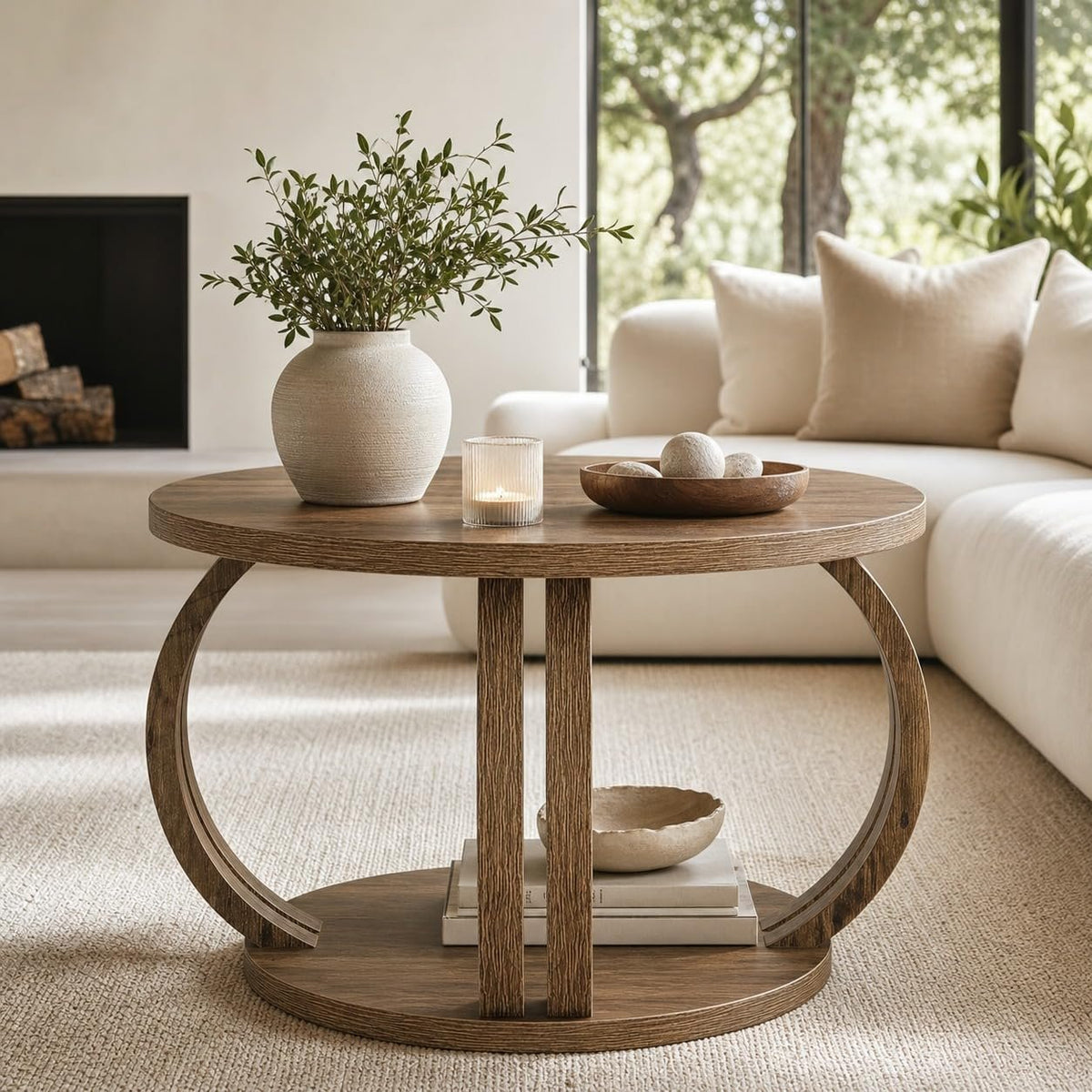 80cm Round Coffee Table, Rustic Wooden Storage Shelf for Living Room