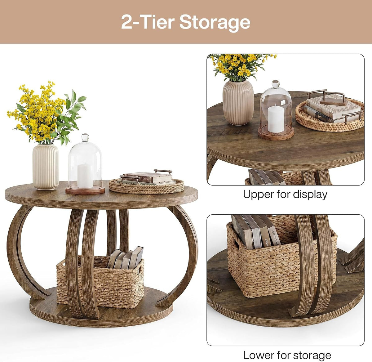 80cm Round Coffee Table, Rustic Wooden Storage Shelf for Living Room