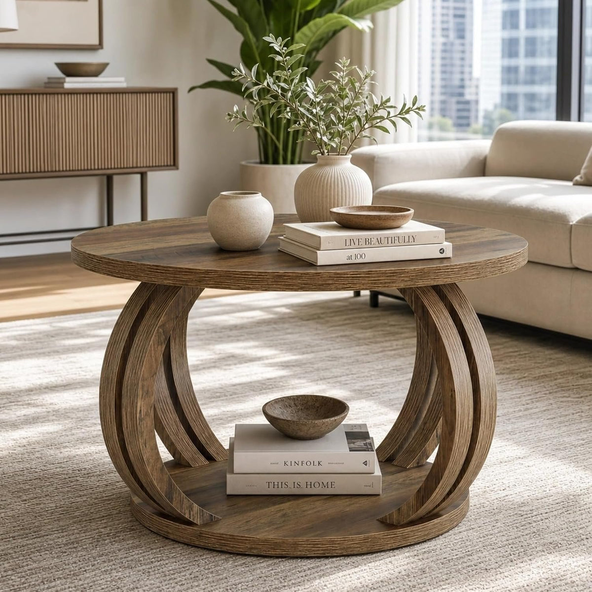 80cm Round Coffee Table, Rustic Wooden Storage Shelf for Living Room