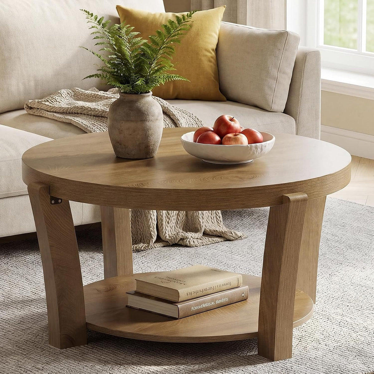80cm Round Coffee Table, 2-Tier Wooden Storage Table