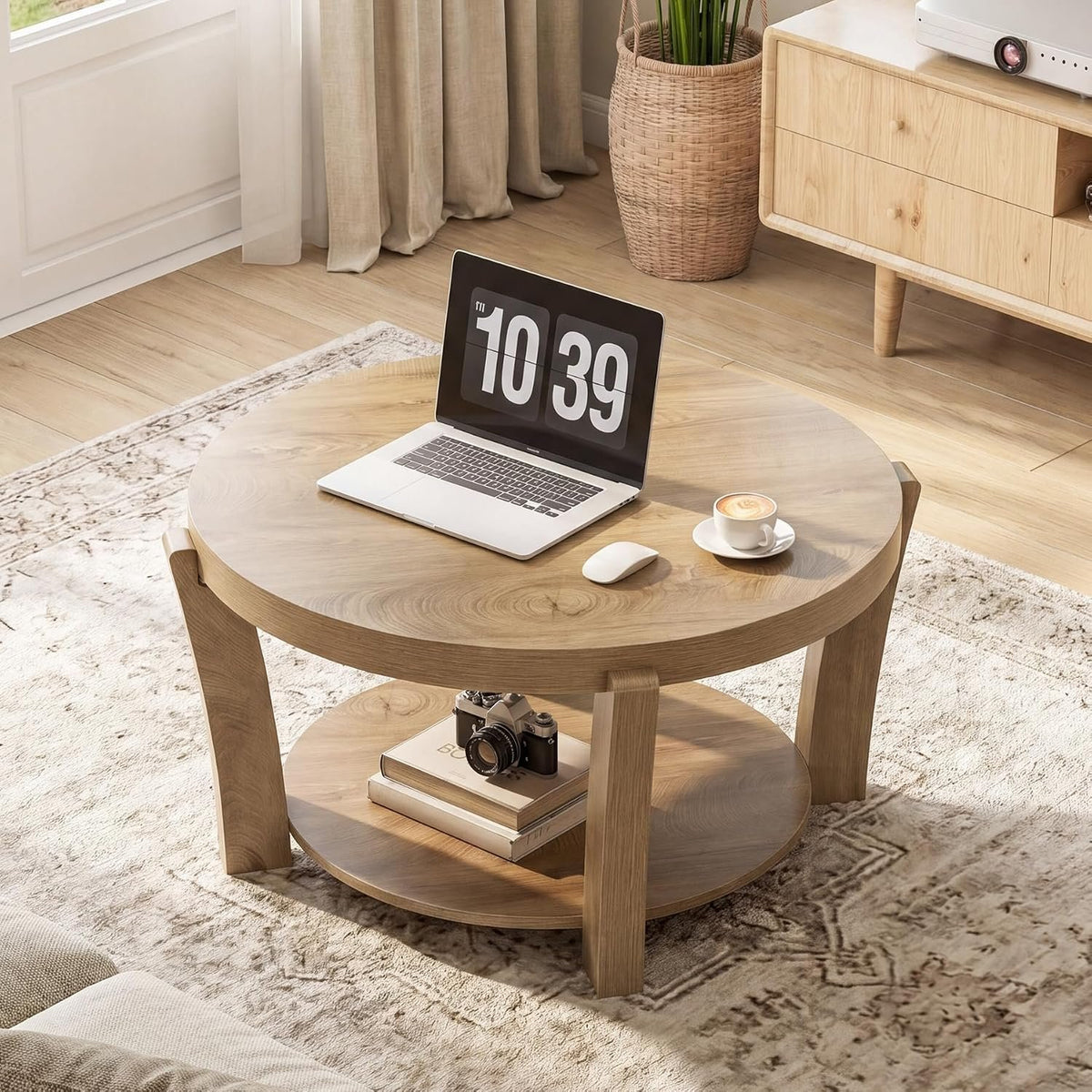 80cm Round Coffee Table, 2-Tier Wooden Storage Table