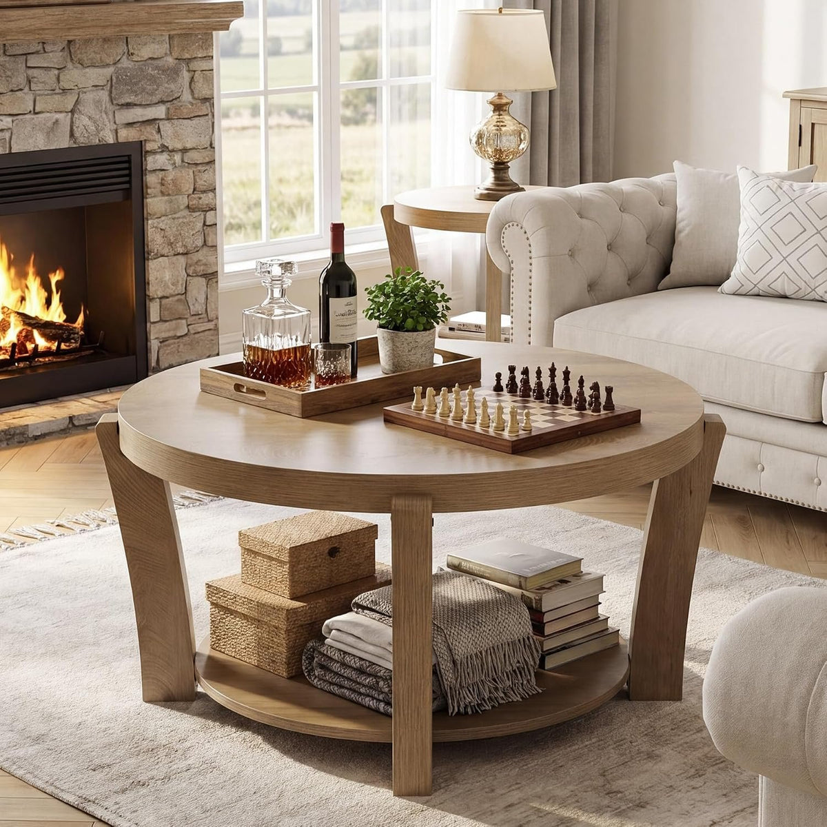80cm Round Coffee Table, 2-Tier Wooden Storage Table