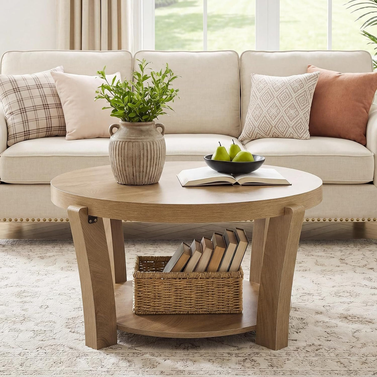 80cm Round Coffee Table, 2-Tier Wooden Storage Table