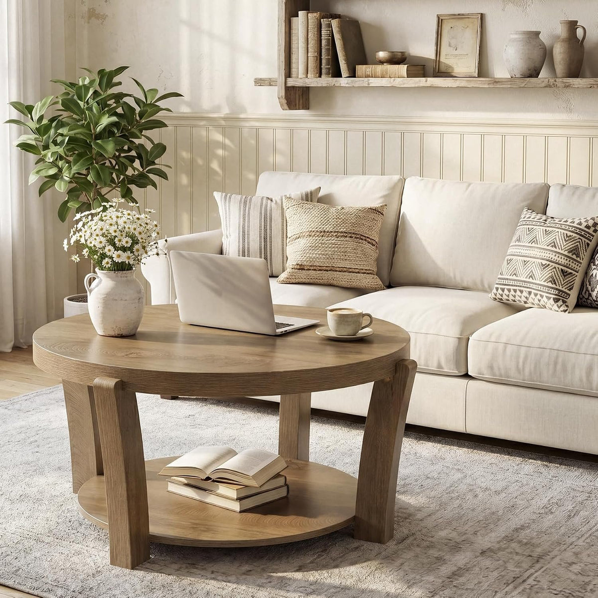 80cm Round Coffee Table, 2-Tier Wooden Storage Table