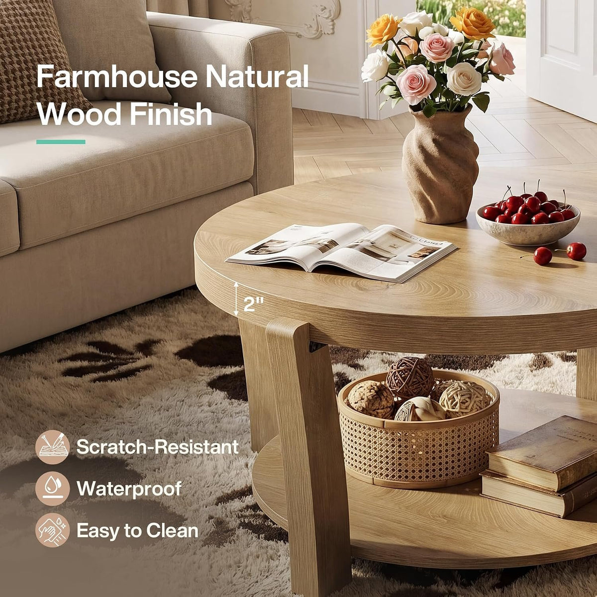 80cm Round Coffee Table, 2-Tier Wooden Storage Table