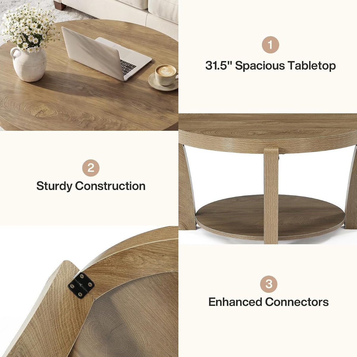 80cm Round Coffee Table, 2-Tier Wooden Storage Table