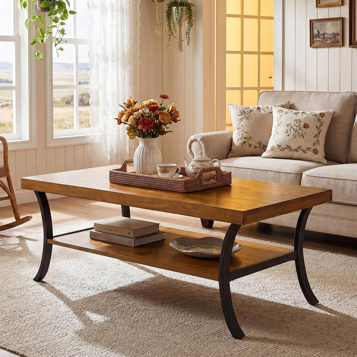 120cm Coffee Table, 2-Tier Solid Wood Farmhouse Centre Table with Storage Shelf