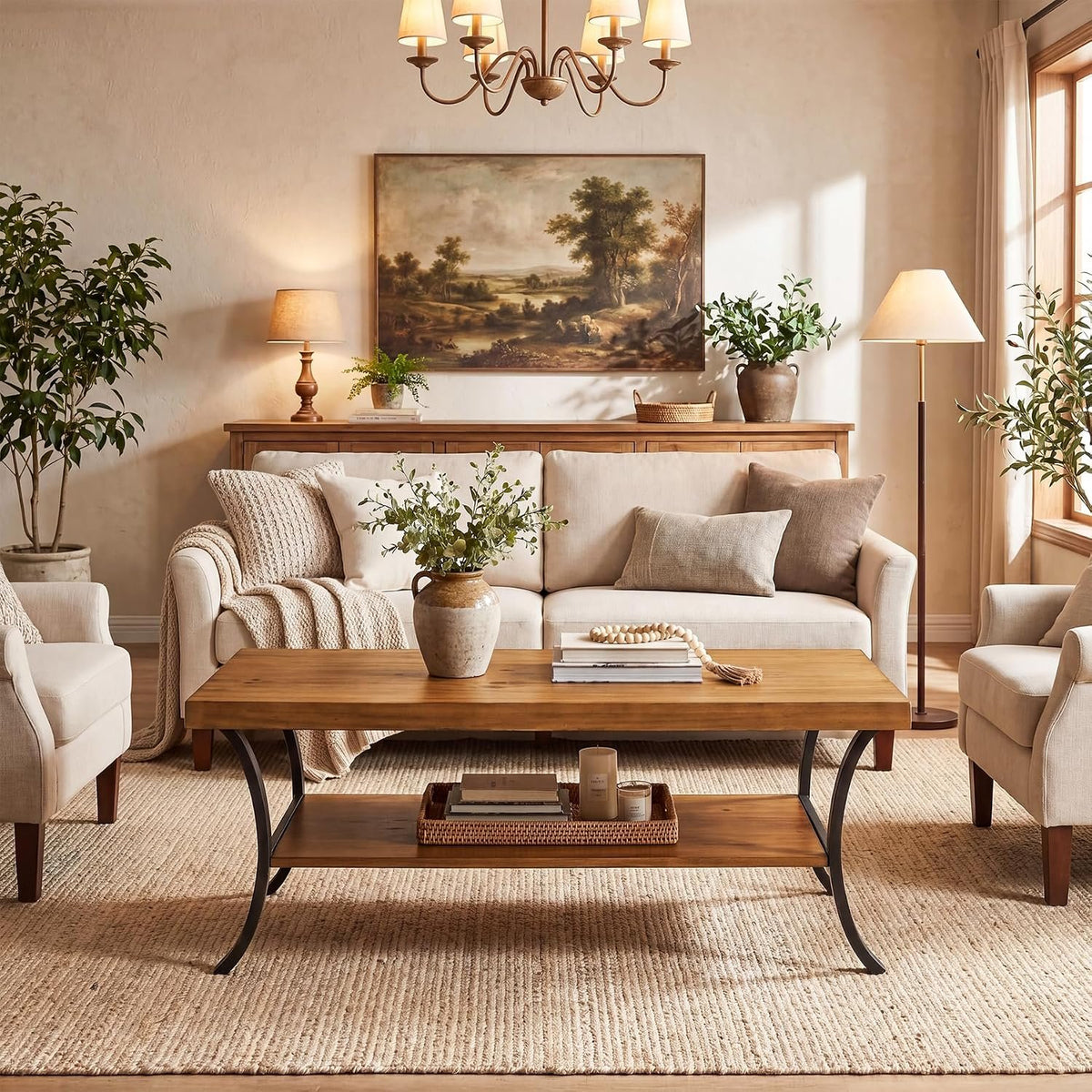 120cm Coffee Table, 2-Tier Solid Wood Farmhouse Centre Table with Storage Shelf