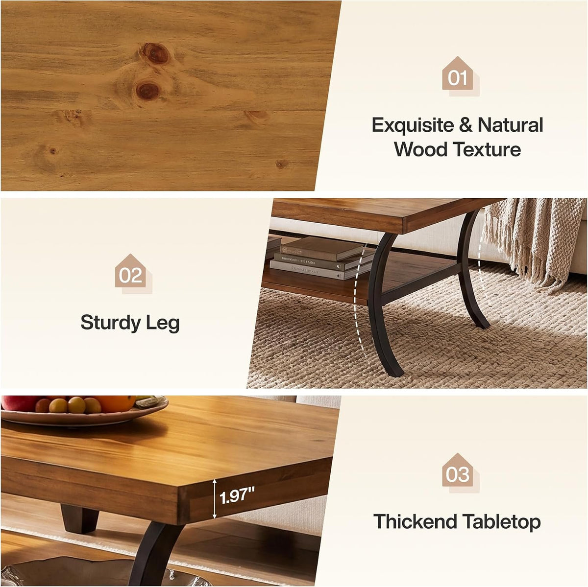 120cm Coffee Table, 2-Tier Solid Wood Farmhouse Centre Table with Storage Shelf