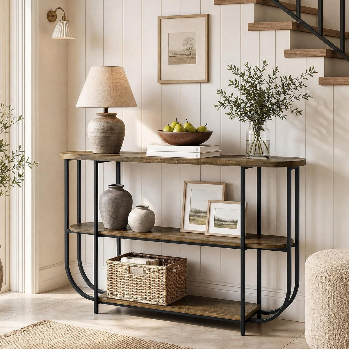160cm Console Table, Narrow 3-Tier Entryway Table with Metal Frame