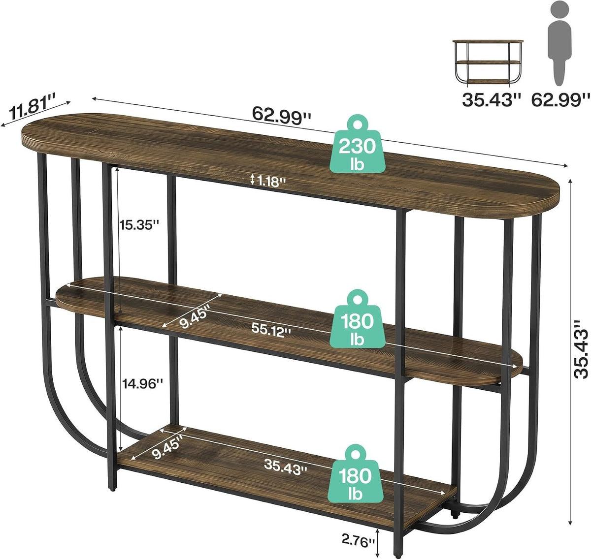 160cm Console Table, Narrow 3-Tier Entryway Table with Metal Frame