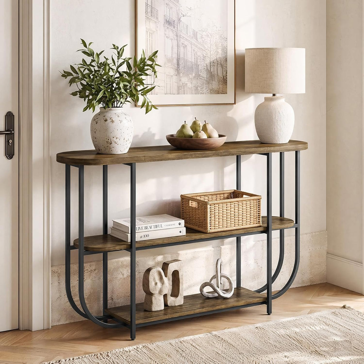 160cm Console Table, Narrow 3-Tier Entryway Table with Metal Frame