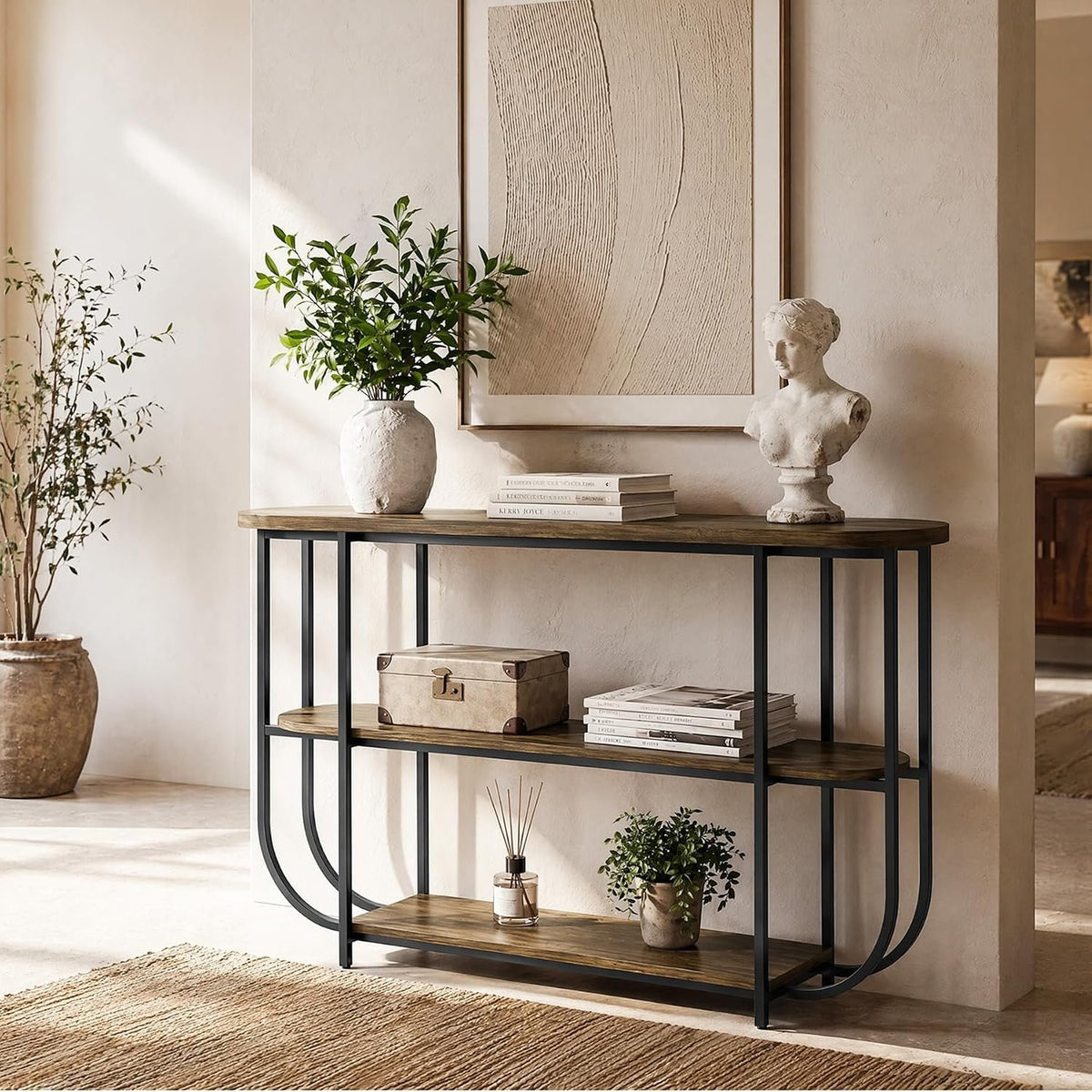 160cm Console Table, Narrow 3-Tier Entryway Table with Metal Frame
