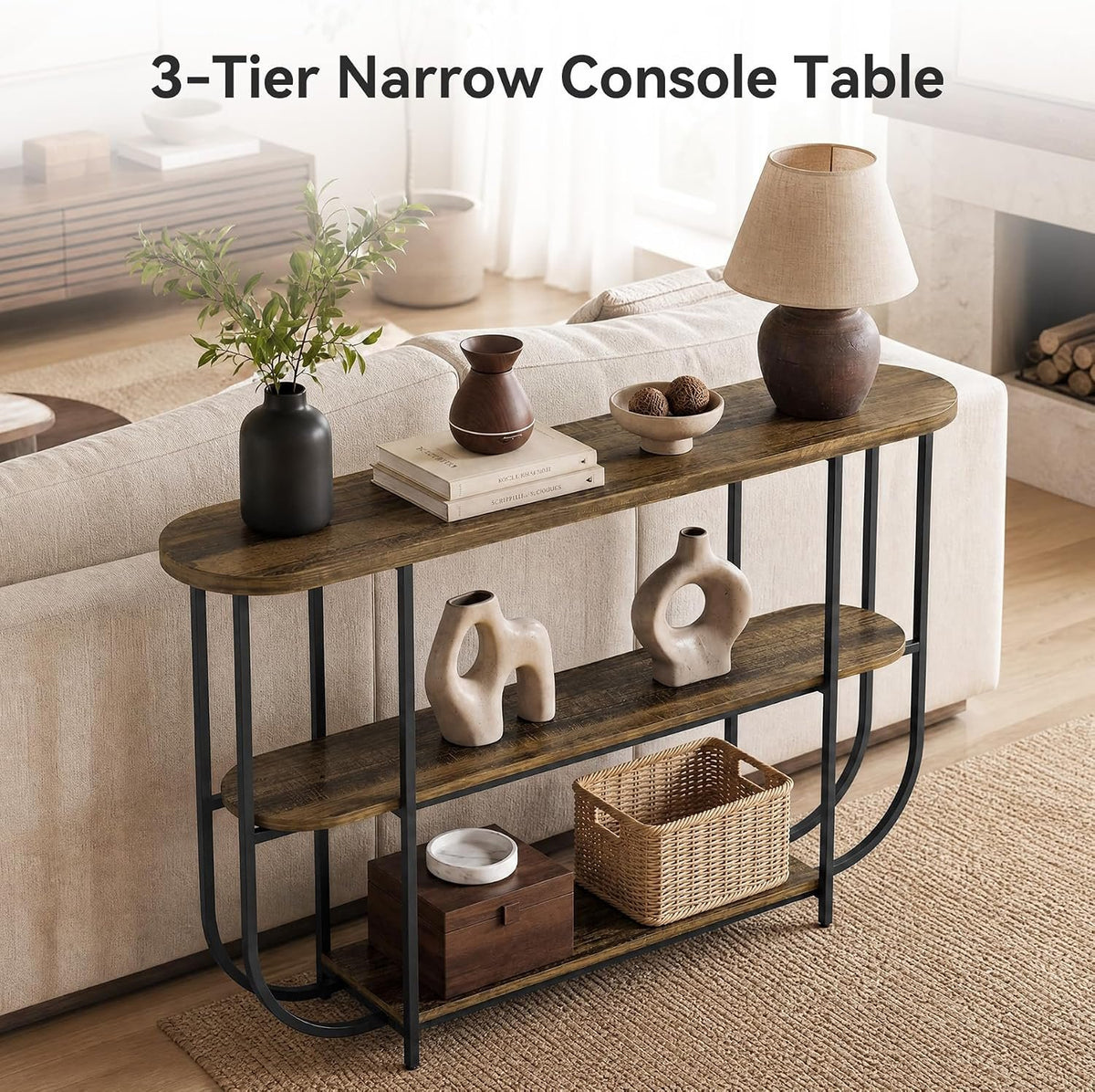 160cm Console Table, Narrow 3-Tier Entryway Table with Metal Frame