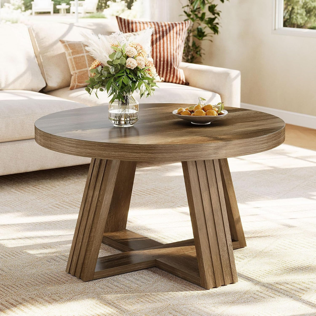 80cm Round Coffee Table, Rustic Solid Wood Top for Living Room