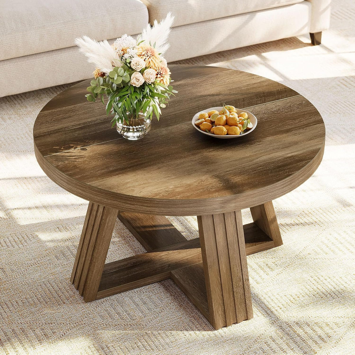 80cm Round Coffee Table, Rustic Solid Wood Top for Living Room
