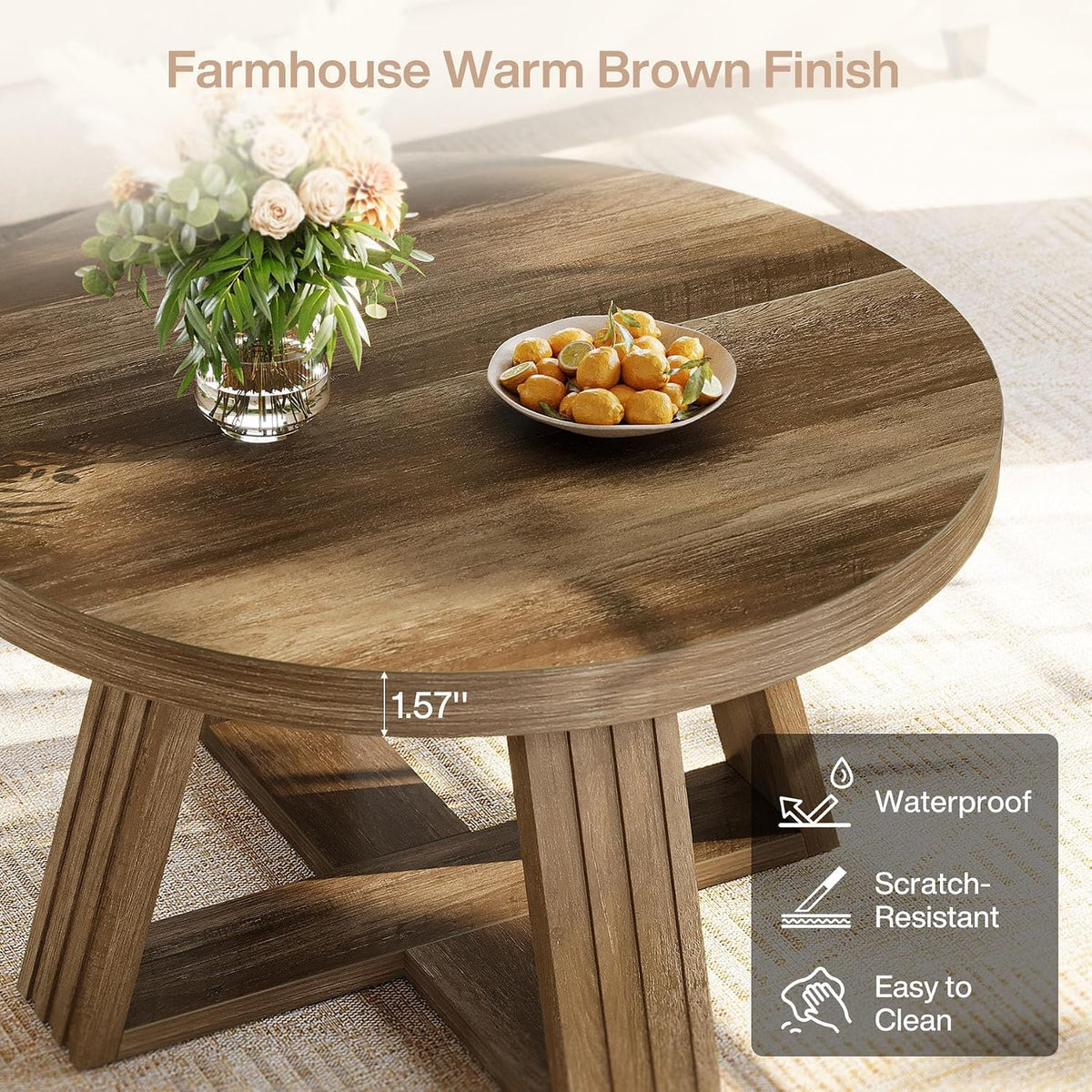 80cm Round Coffee Table, Rustic Solid Wood Top for Living Room