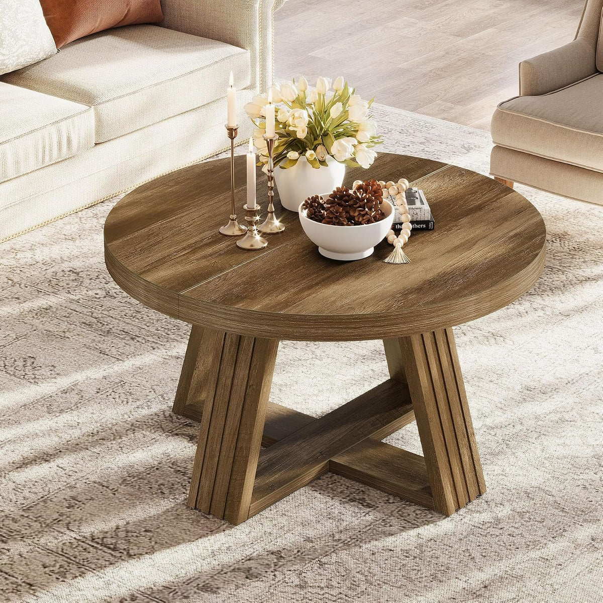 80cm Round Coffee Table, Rustic Solid Wood Top for Living Room