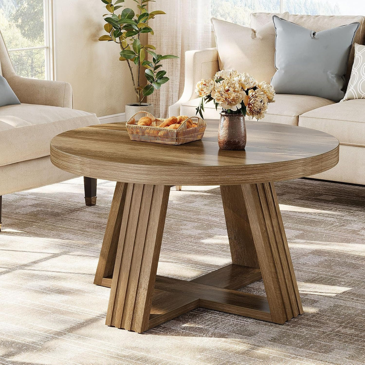 80cm Round Coffee Table, Rustic Solid Wood Top for Living Room