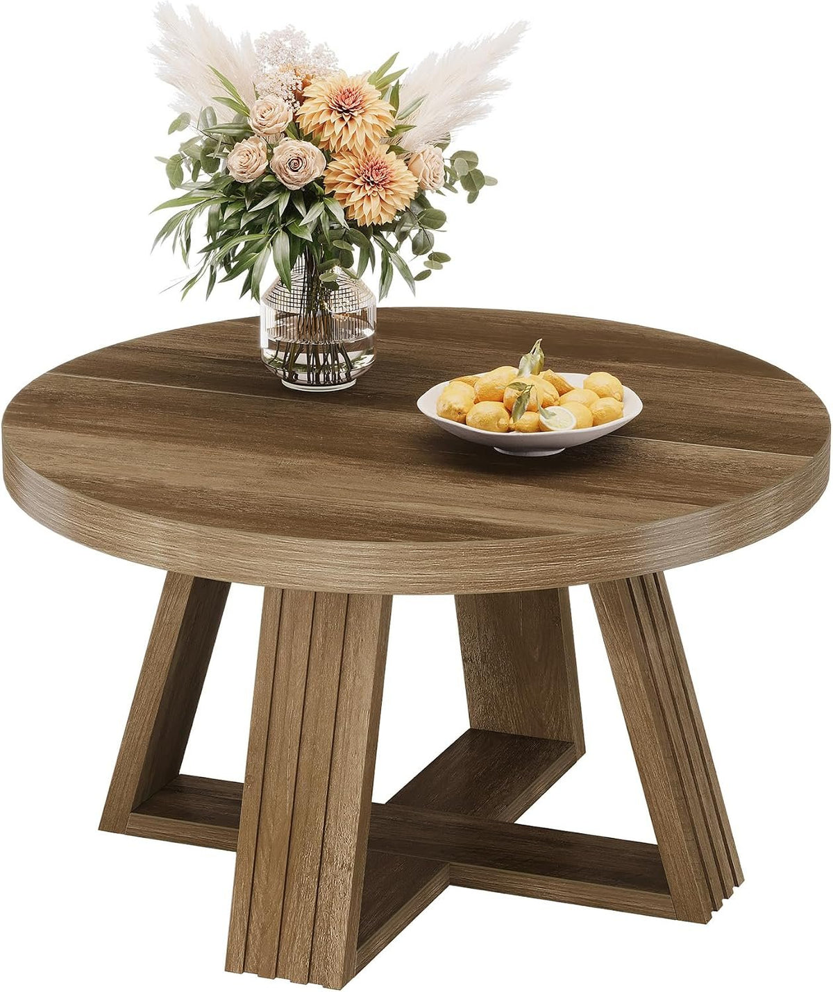 80cm Round Coffee Table, Rustic Solid Wood Top for Living Room