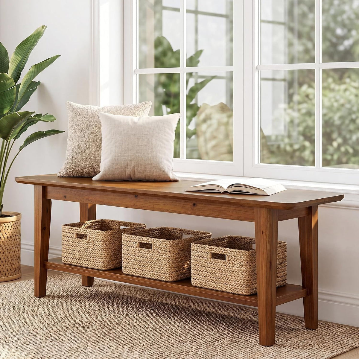 140cm Entryway Bench, 2-Tier Shoe Storage Rack for Hallway