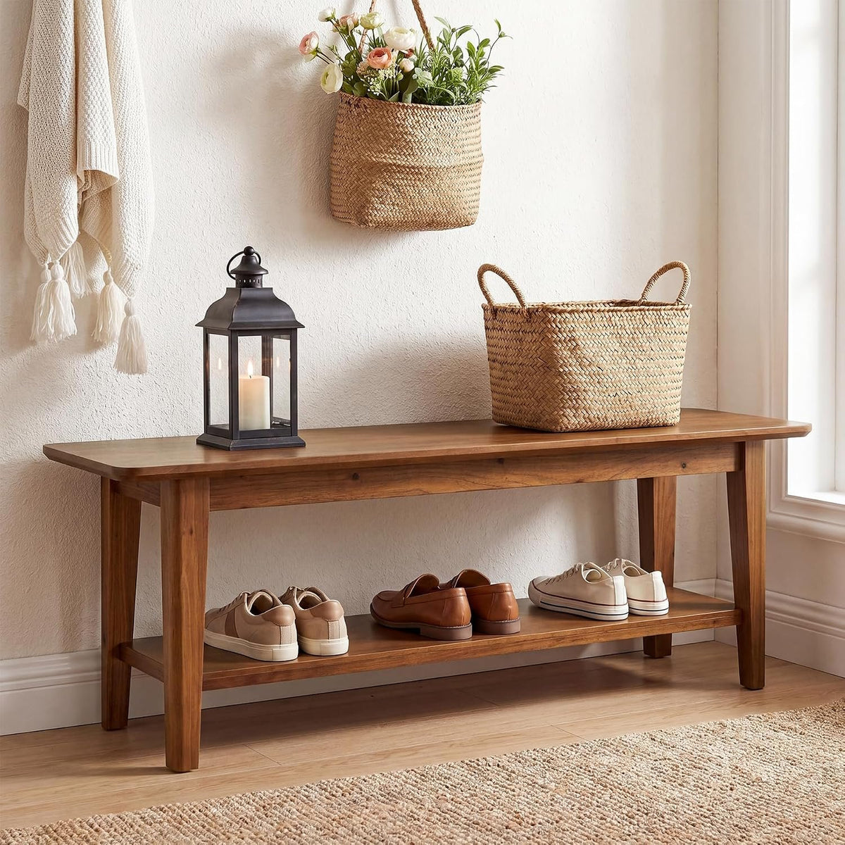140cm Entryway Bench, 2-Tier Shoe Storage Rack for Hallway