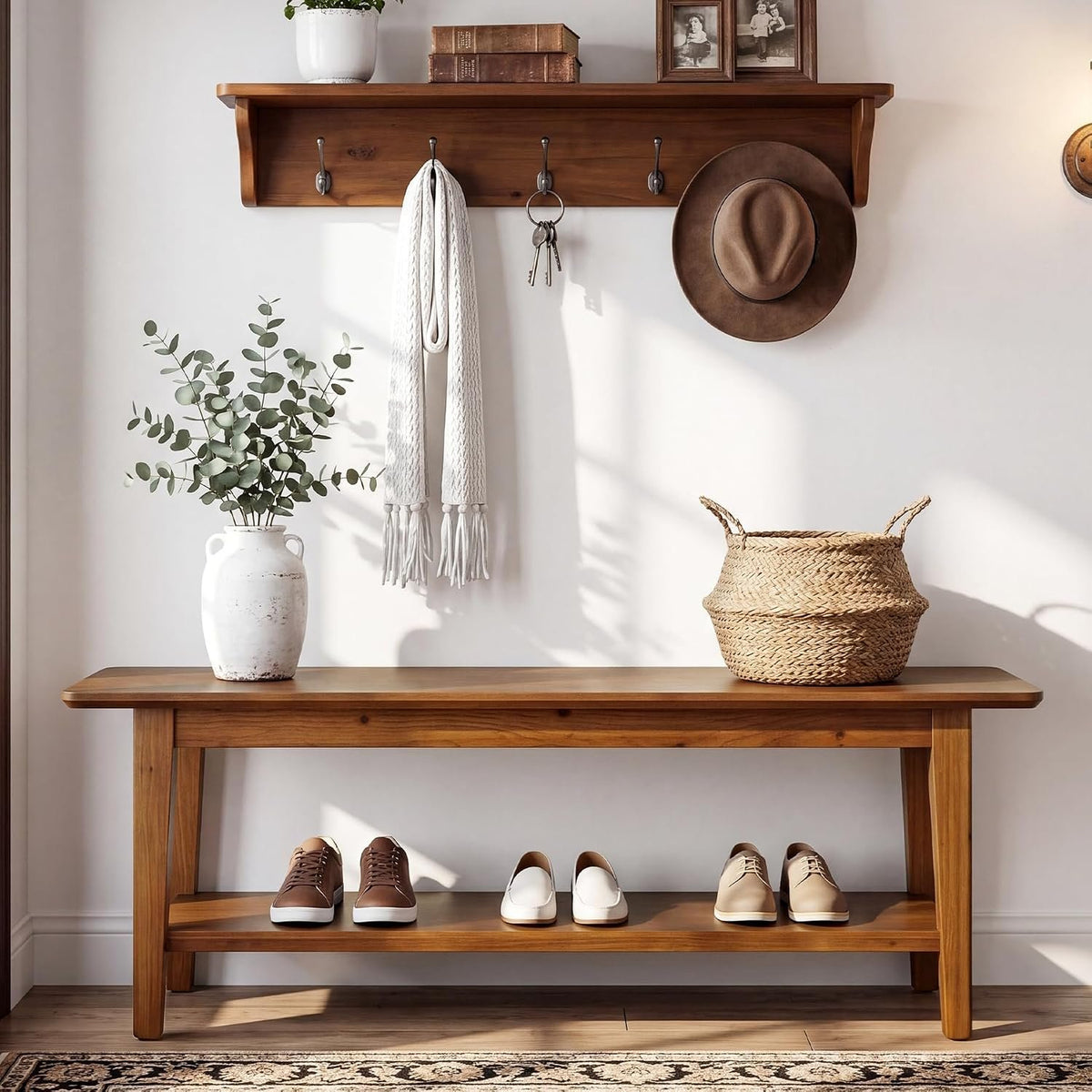 140cm Entryway Bench, 2-Tier Shoe Storage Rack for Hallway