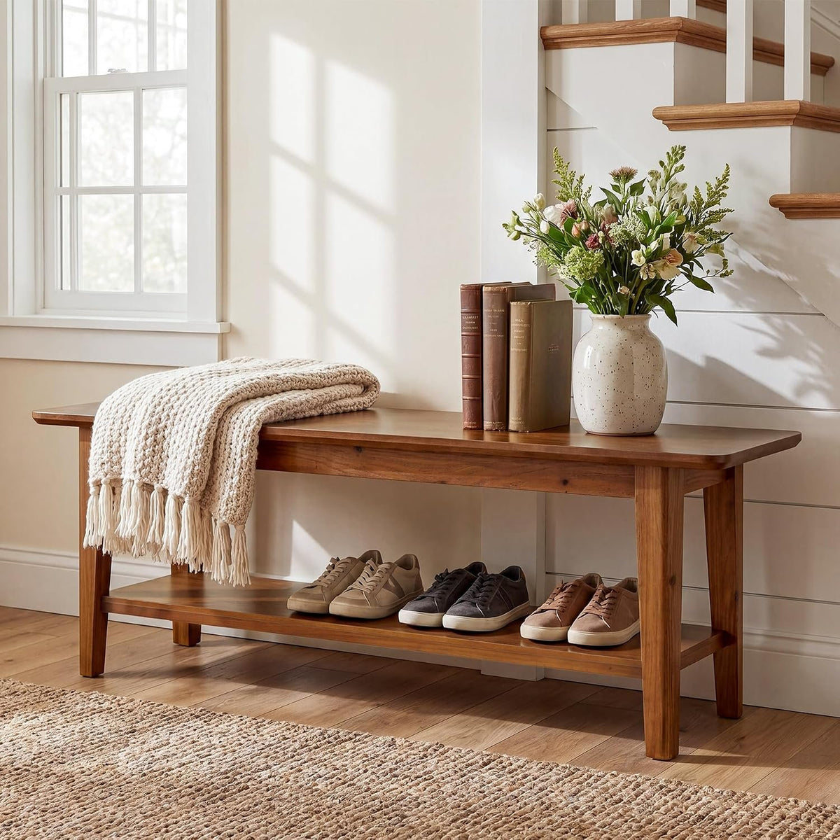 140cm Entryway Bench, 2-Tier Shoe Storage Rack for Hallway