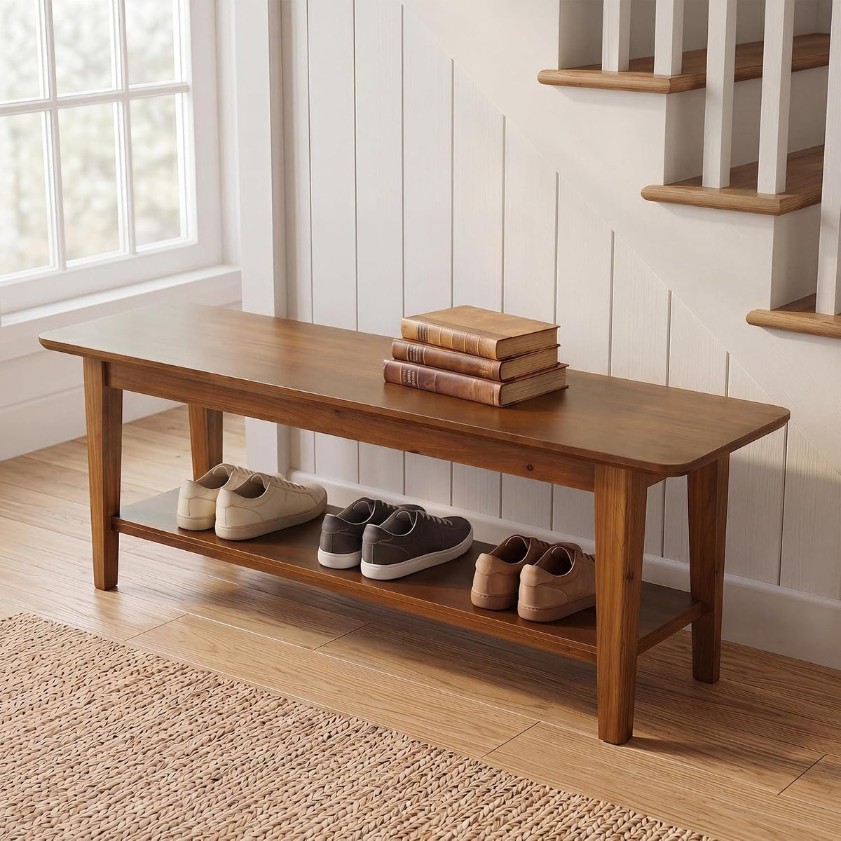 140cm Entryway Bench, 2-Tier Shoe Storage Rack for Hallway
