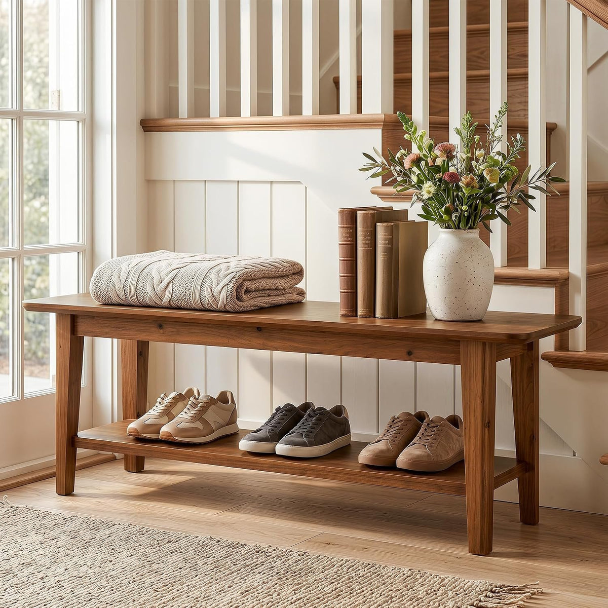 140cm Entryway Bench, 2-Tier Shoe Storage Rack for Hallway