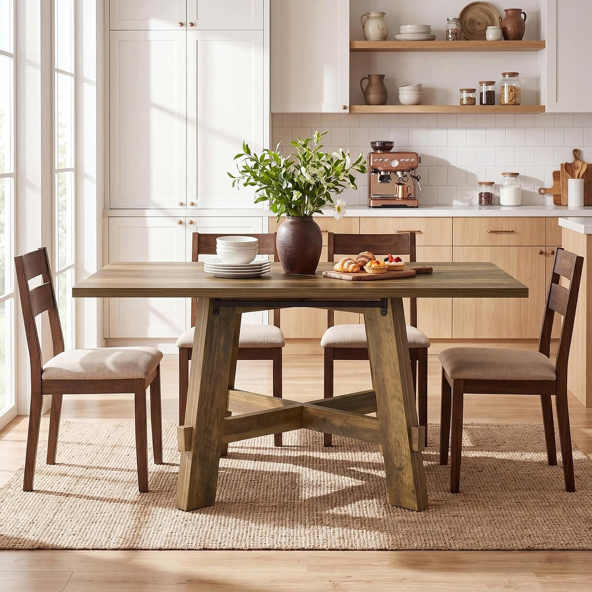 140cm Dining Table, 4-Seater Rustic Wooden Kitchen Table with X-Legs