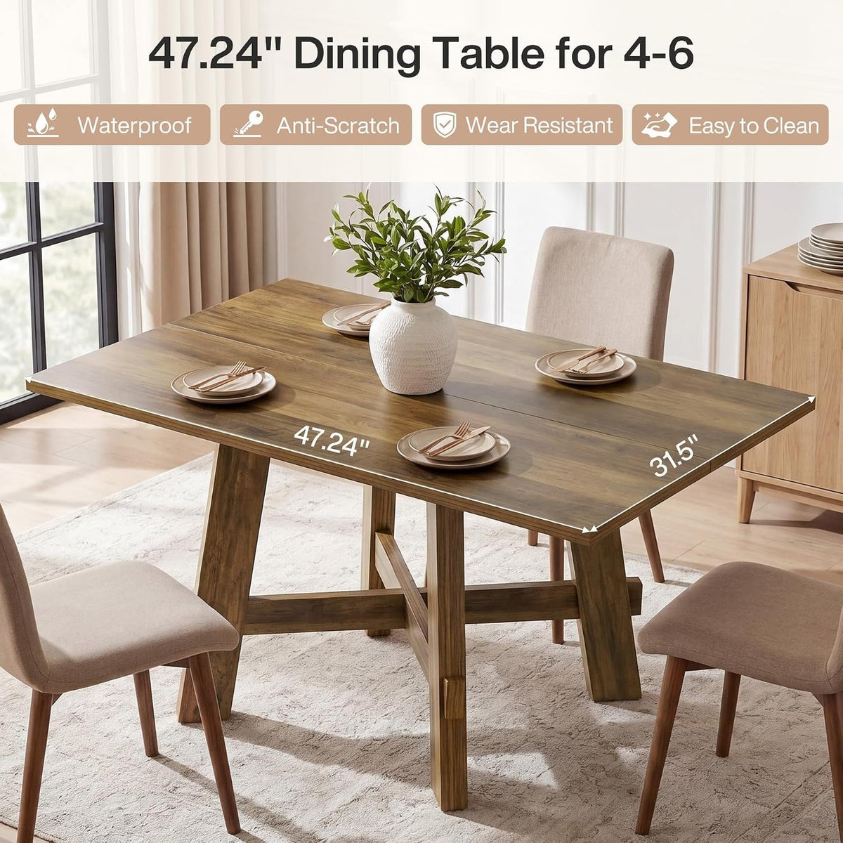 140cm Dining Table, 4-Seater Rustic Wooden Kitchen Table with X-Legs