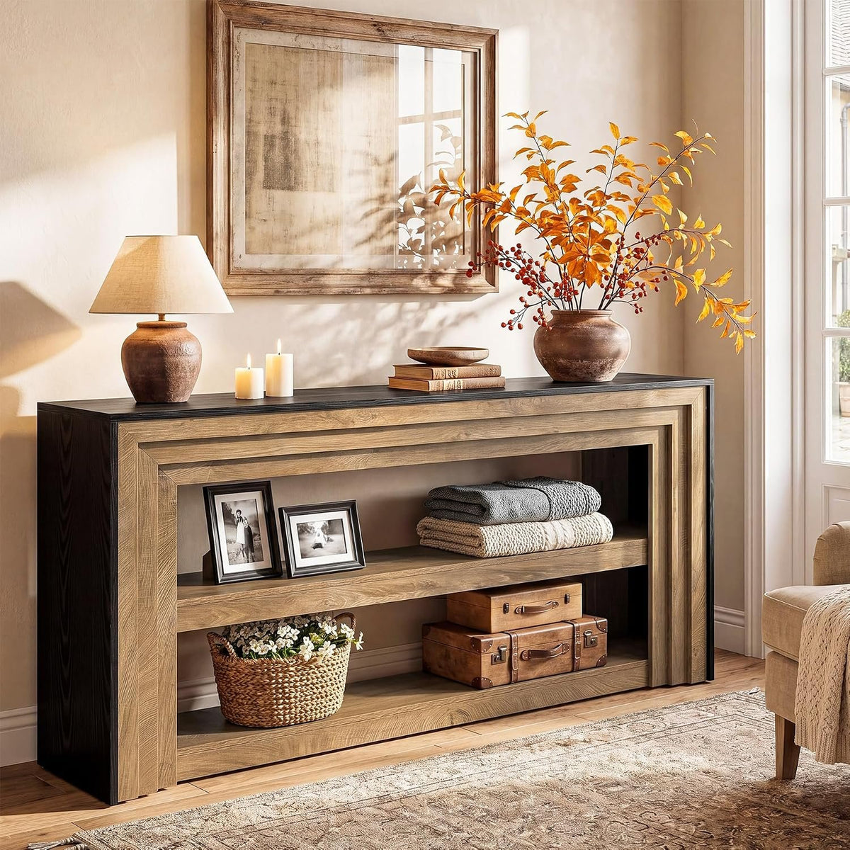 160cm Console Table, Narrow Rustic 3-Tier Open Shelf for Hallway
